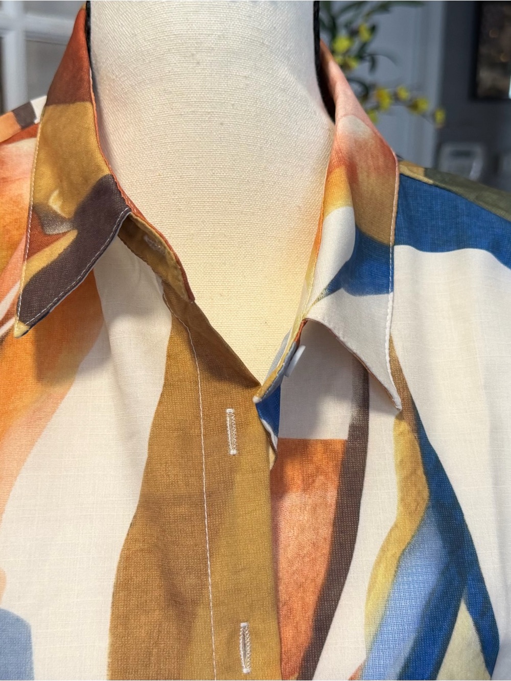 Abstract Multicolor womens Button-Up Shirt - Blue, Brown, Yellow